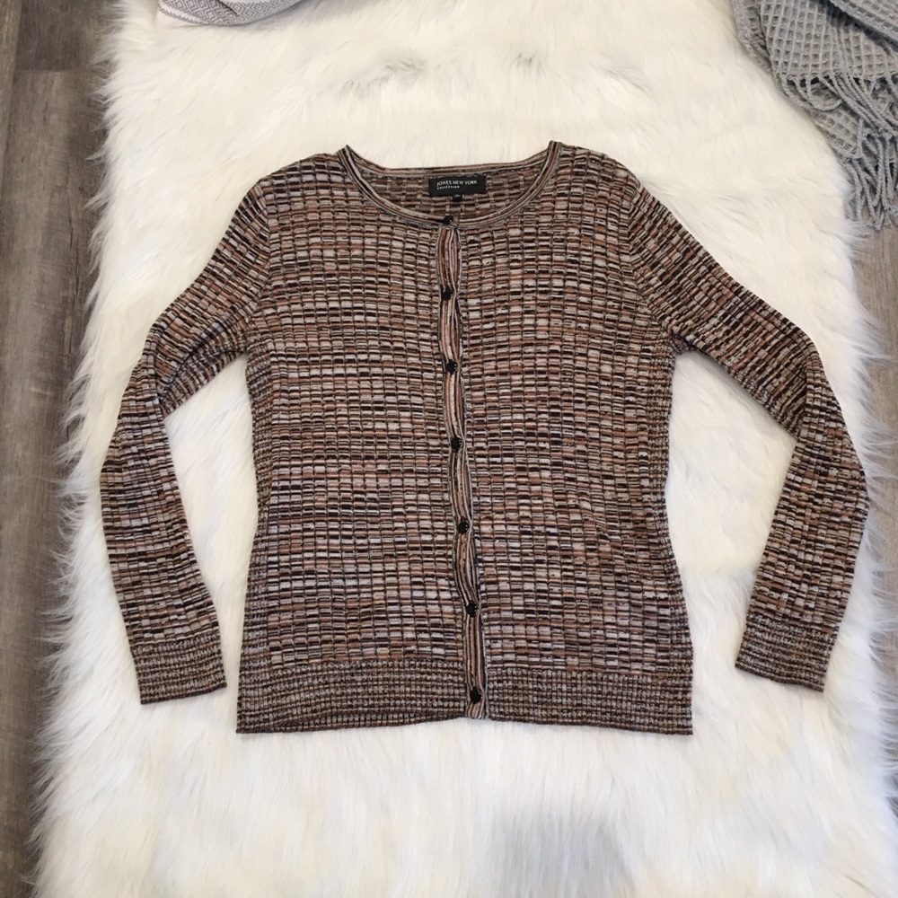 Jones New York Brown Striped Pearl Button Cardigan